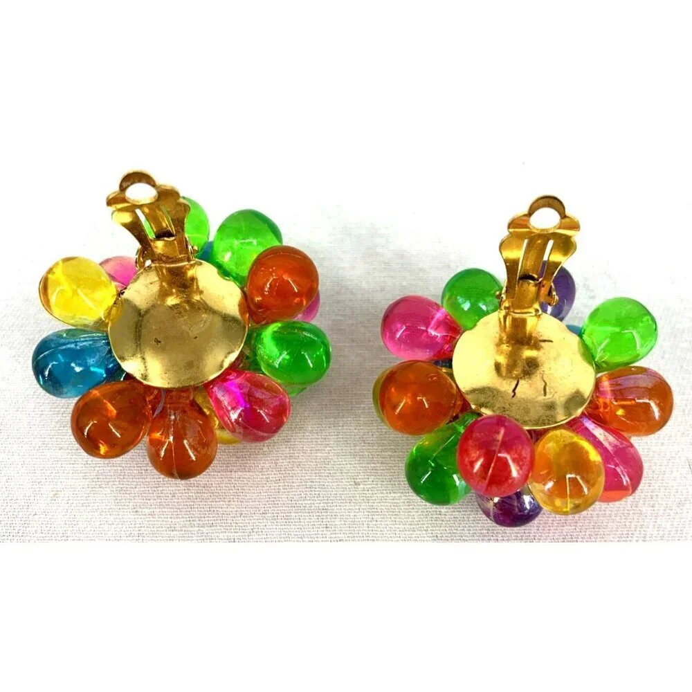 Lucite Earrings Multi Colored Bubbles Cluster Clip-On Jewelry 1.5